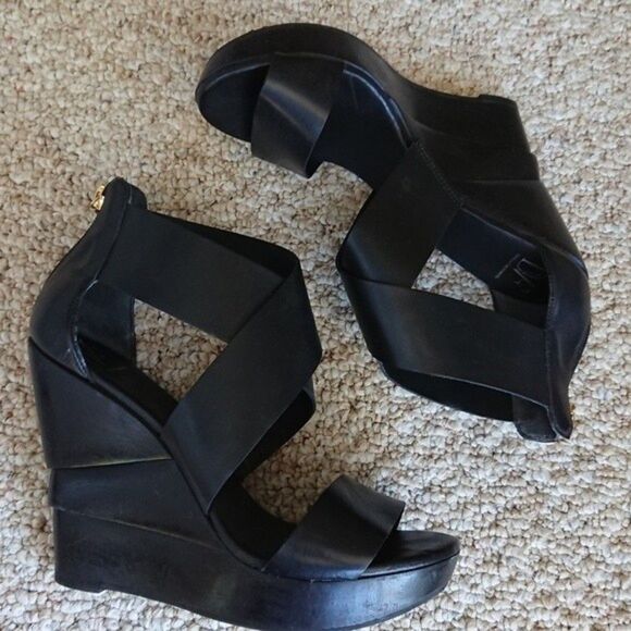 Diane von Furstenberg Black Leather Opal Crisscross Wedge Sandals - Picture 2 of 14